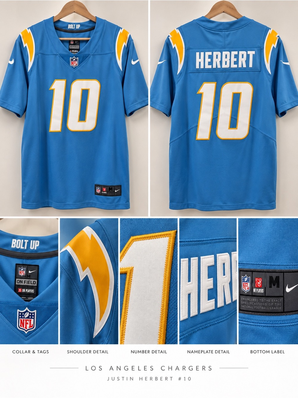Nike Chargers Justin Herbert #10 Powder Blue Jersey with Gold Accents
